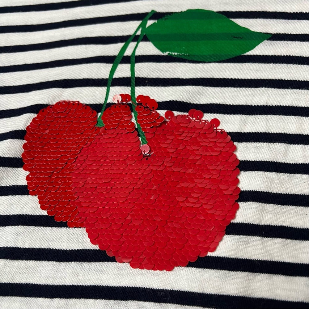 J. Crew Black & White Stripe Tee with Red Sequin Cherry - Picture 3 of 5